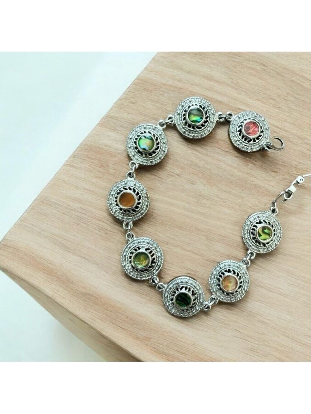 Silver-Tone Disc Bracelet, Abalone Centers, Round Filigreed Discs, Signe…